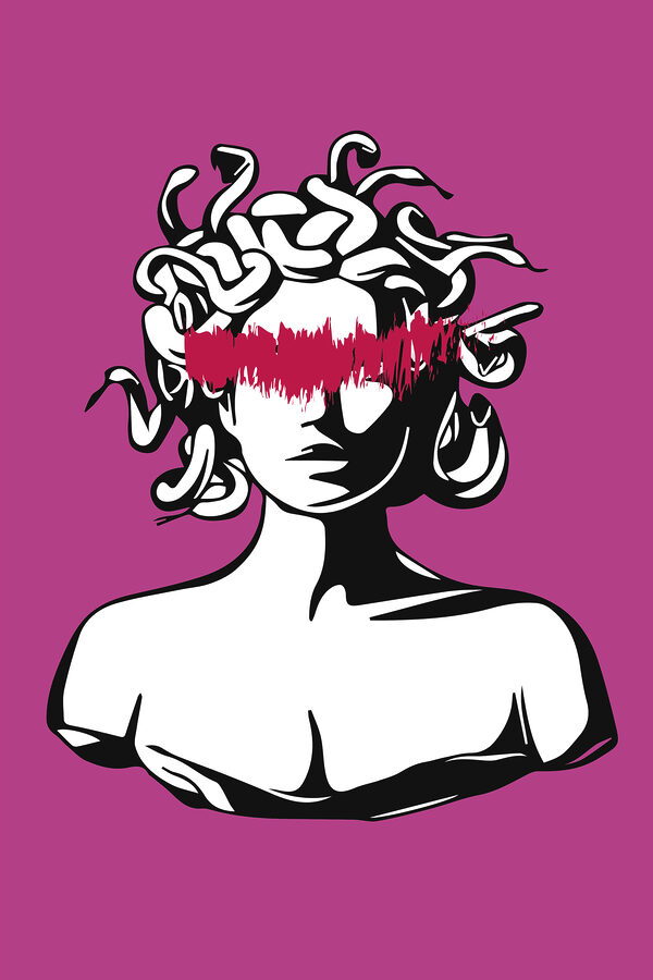 A head of a medusa with red lines