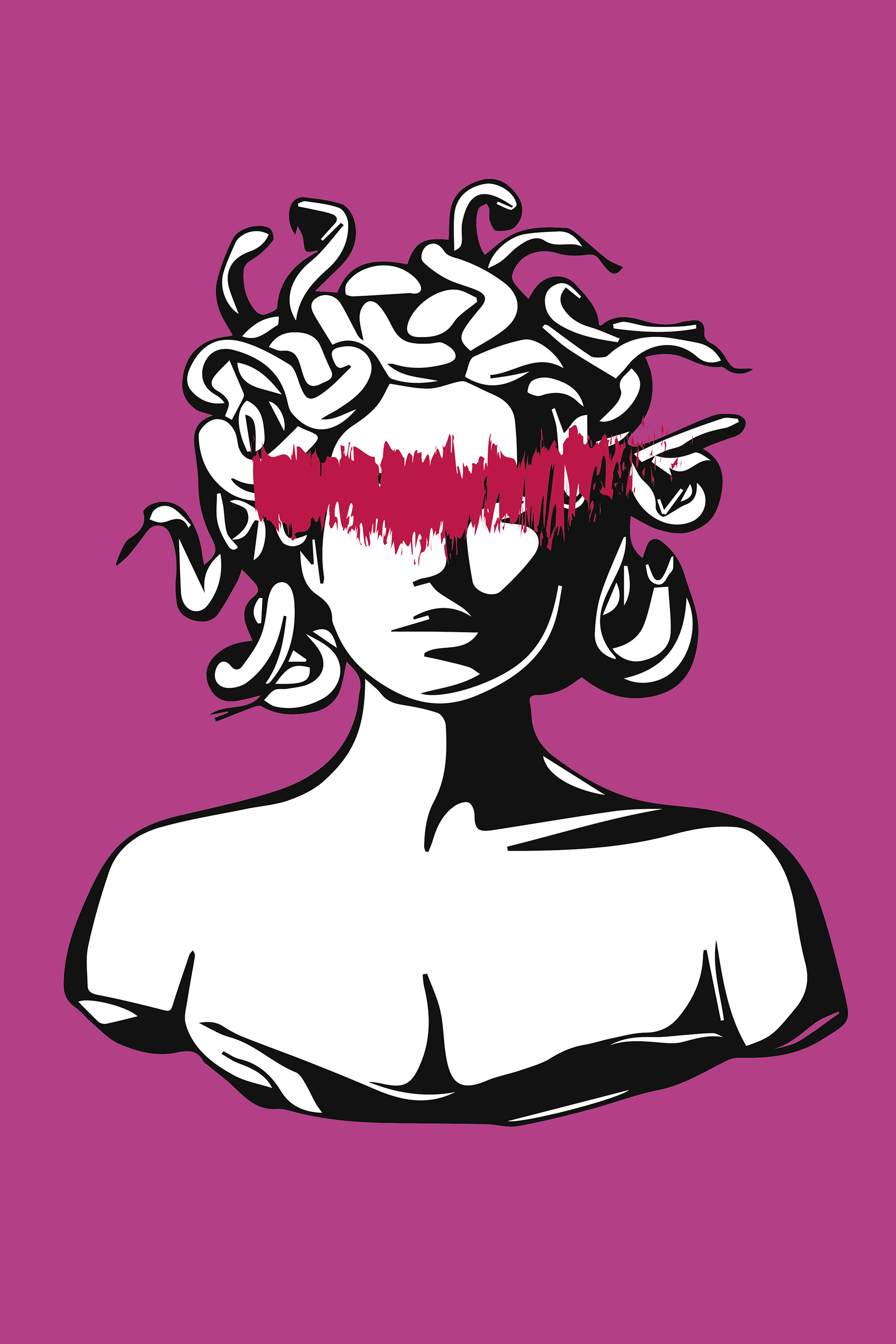 A head of a medusa with red lines