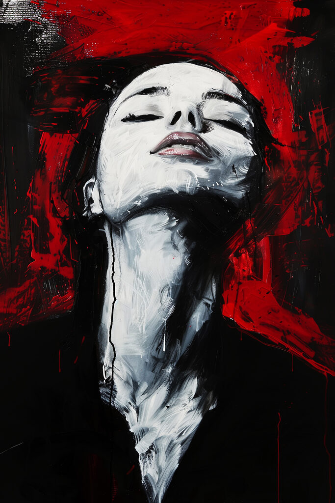 A painting of a woman with her eyes closed with The Andy Warhol Museum in the background