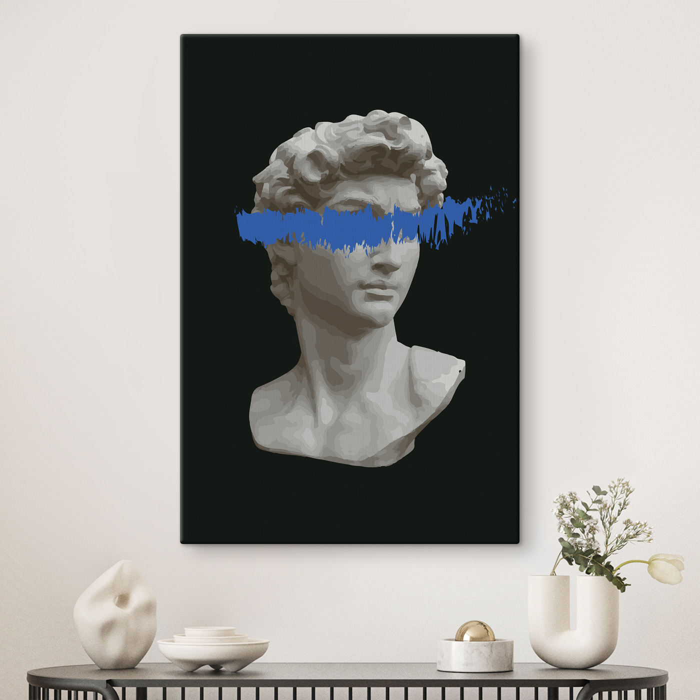 A statue of a man with a blue line A statue of a man with a blue line