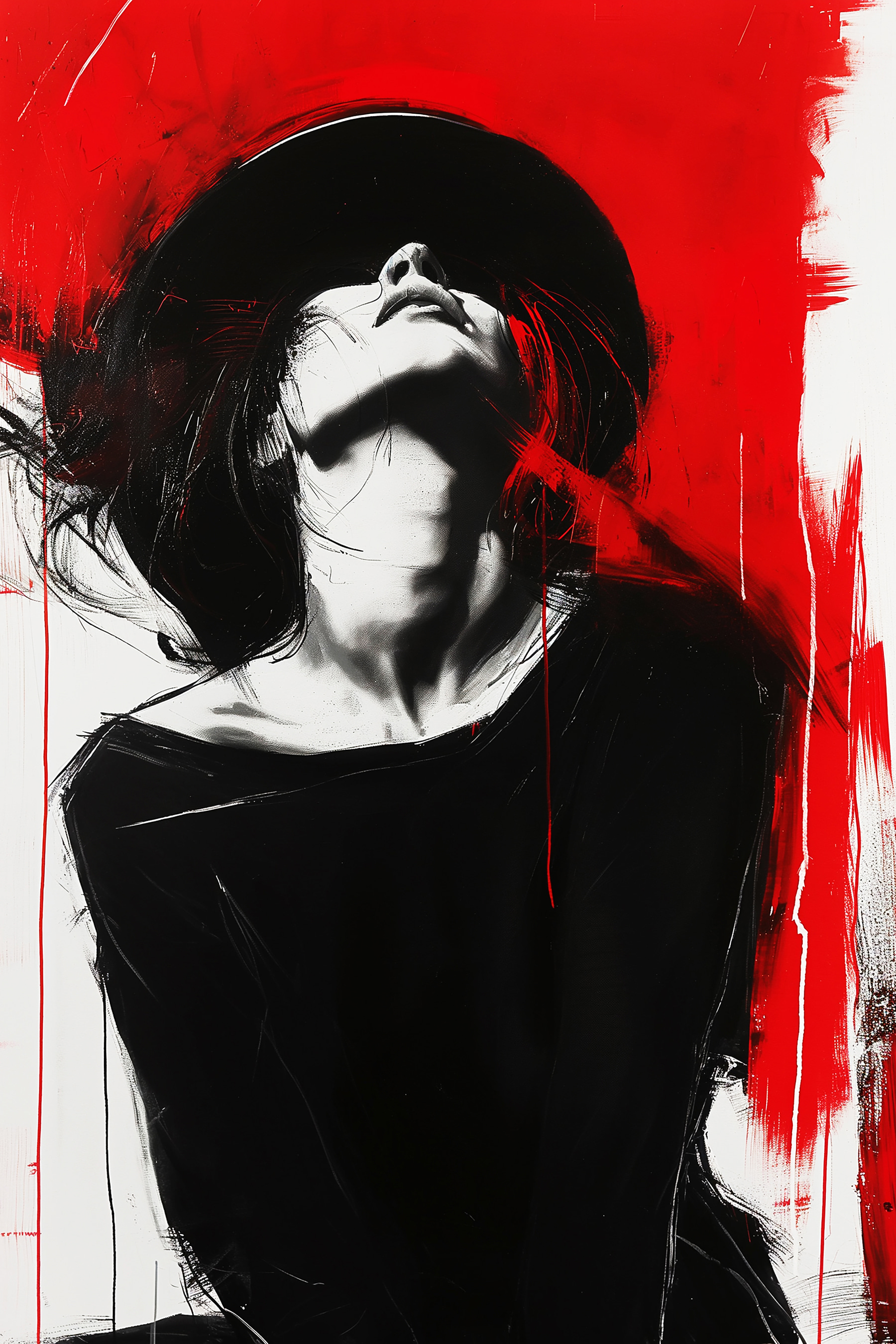 A woman with black hat and red background A woman with black hat and red background