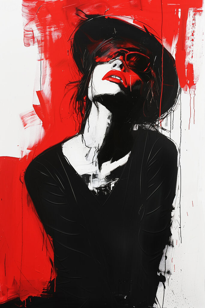 A woman with red lips and black hat