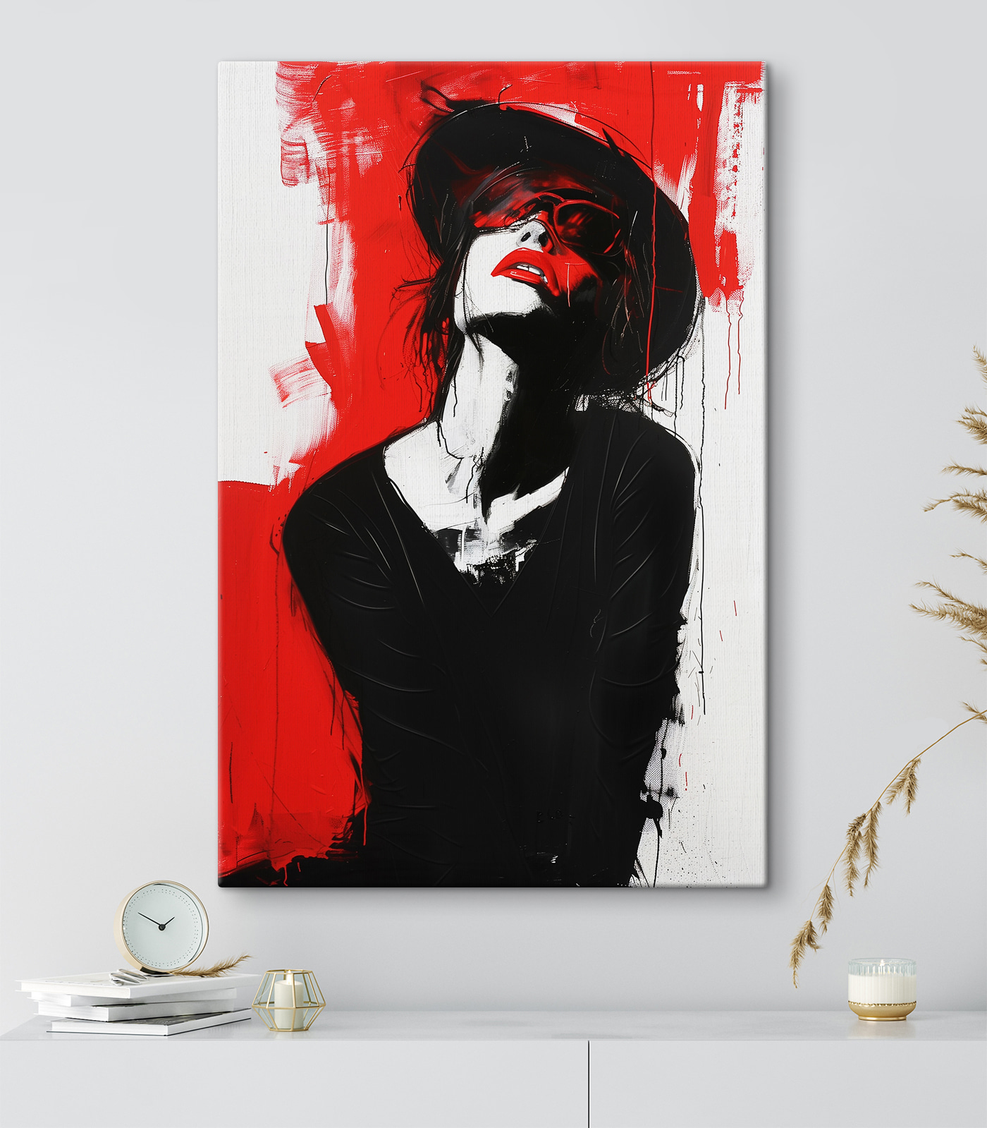 A woman with red lips and black hat