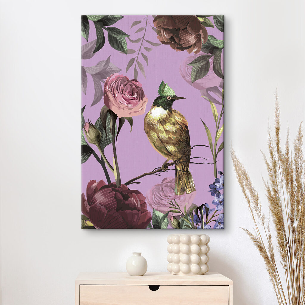 A bird on a branch with flowers