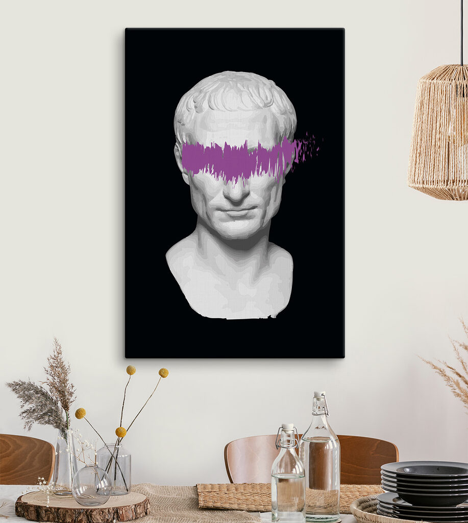 A white statue with purple line over eyes A white statue with purple line over eyes