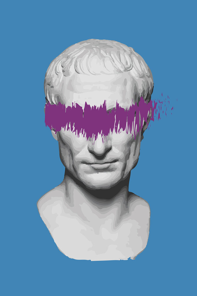 A white statue with purple line over eyes A white statue with purple line over eyes