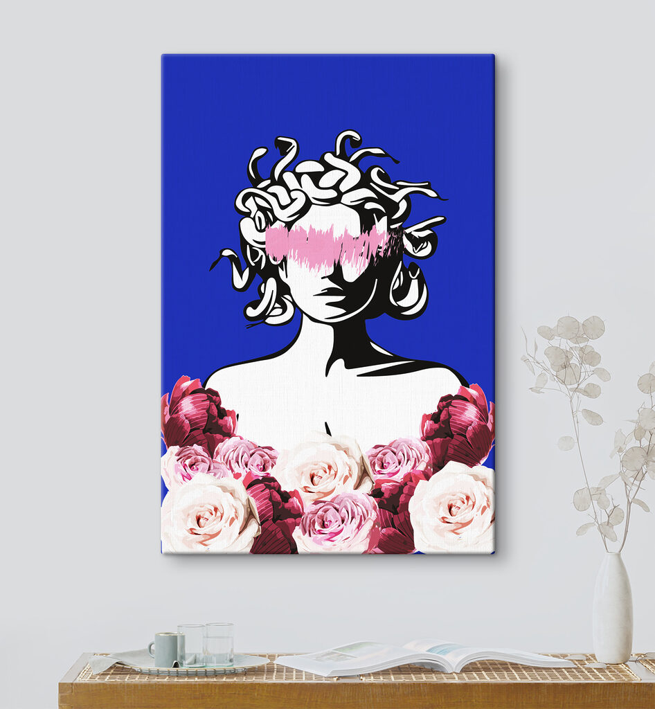 A drawing of a woman with medusa's head and flowers