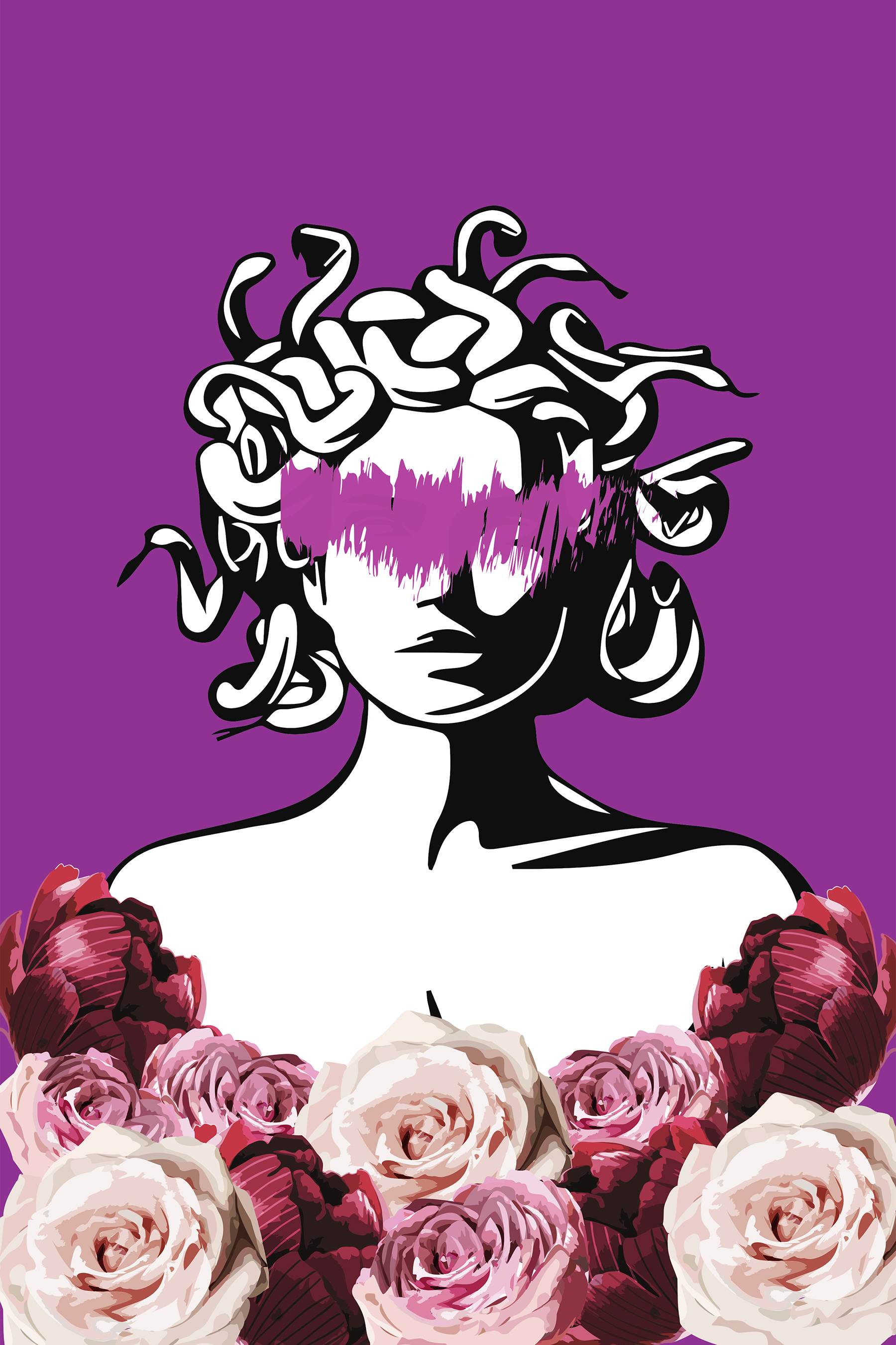 A drawing of a woman with purple and pink flowers