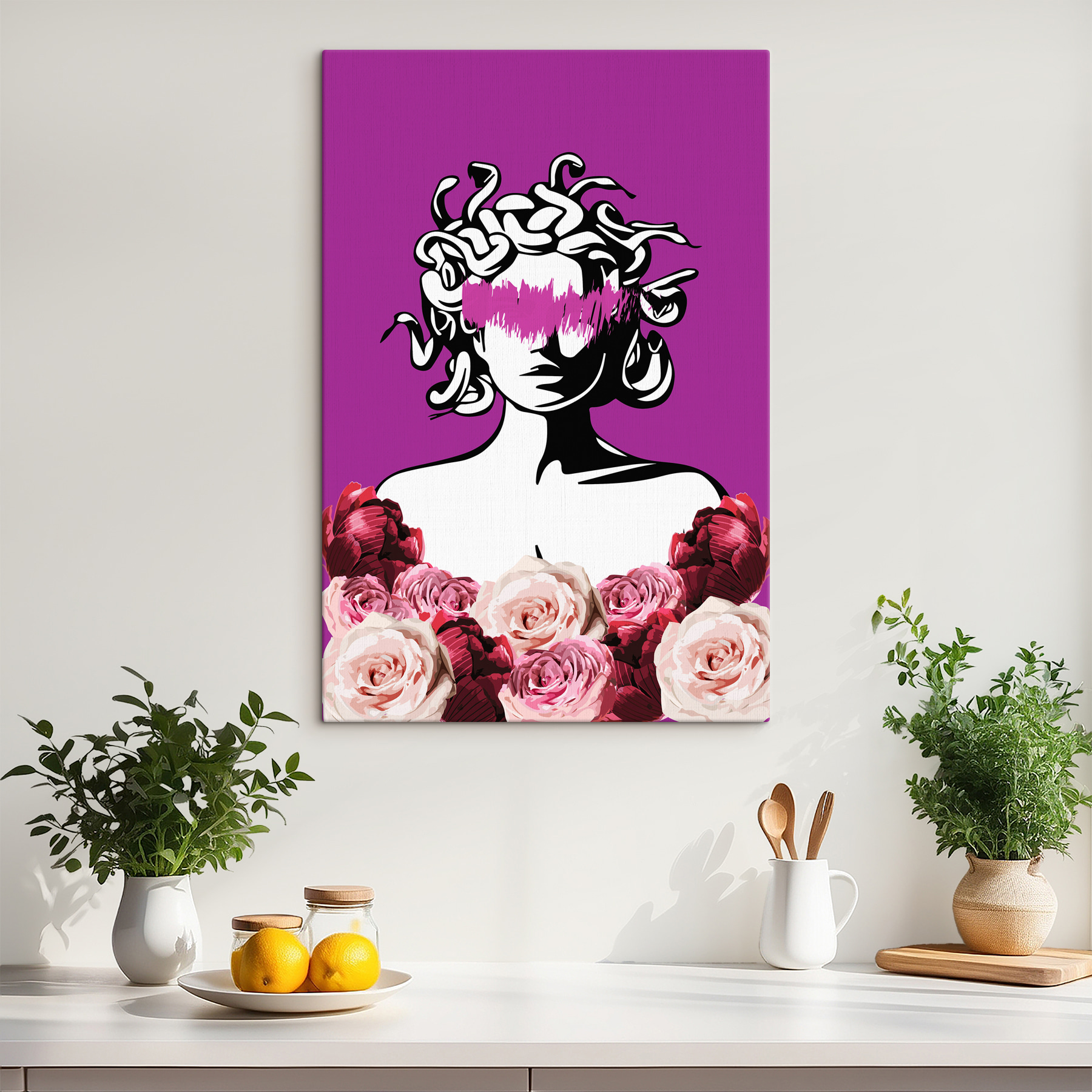 A drawing of a woman with purple and pink flowers