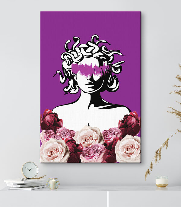 A drawing of a woman with purple and pink flowers