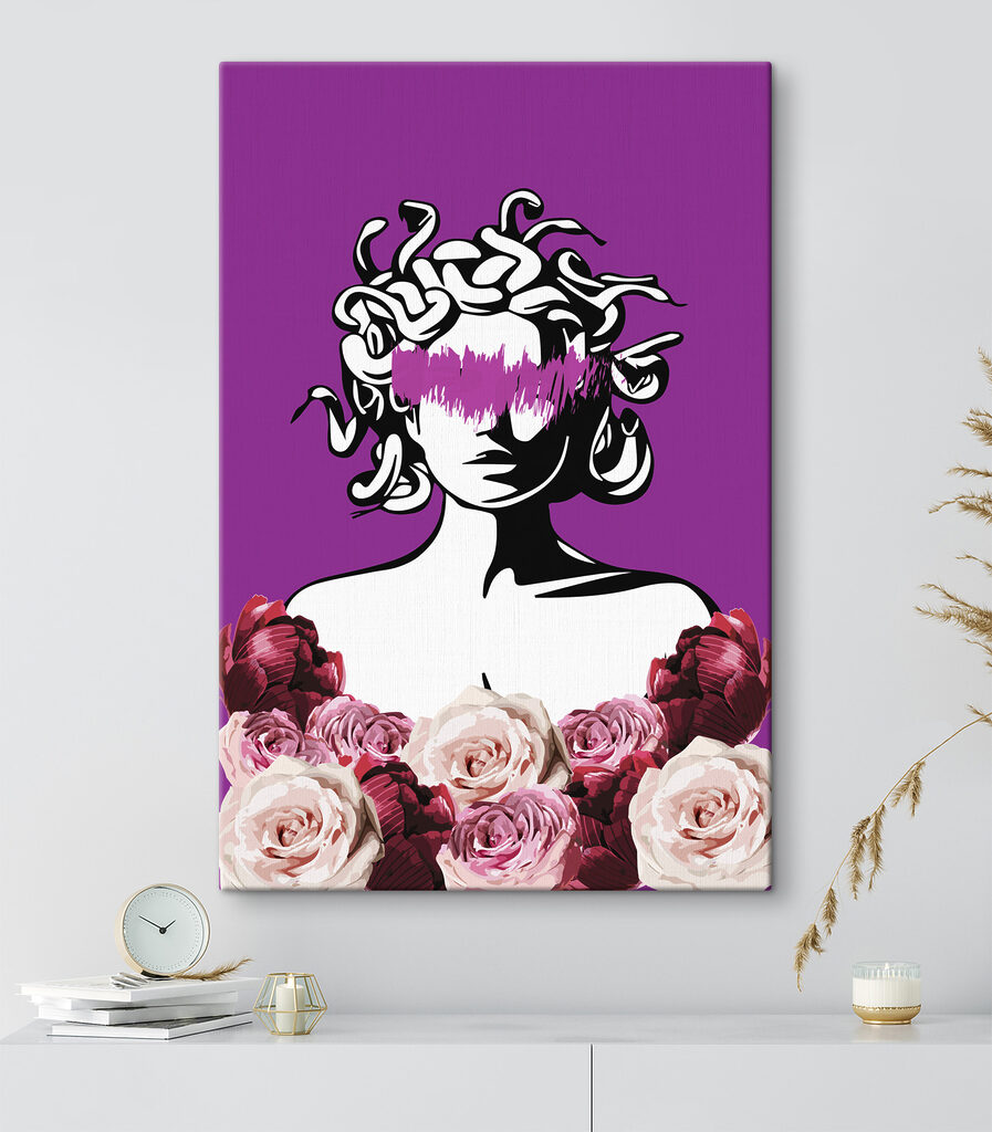 A drawing of a woman with purple and pink flowers