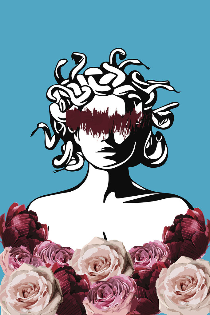 A drawing of a woman with medusa's head and flowers