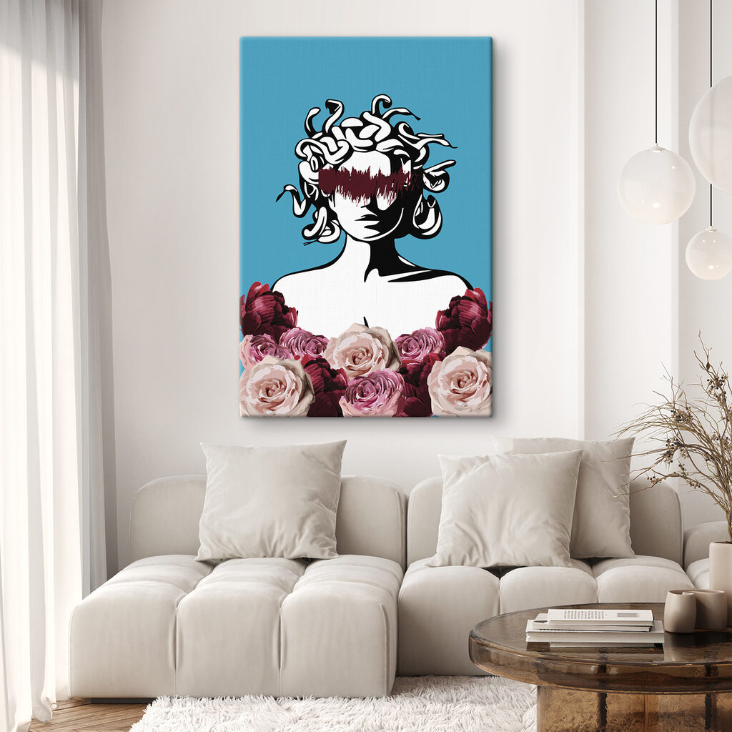 A drawing of a woman with medusa's head and flowers