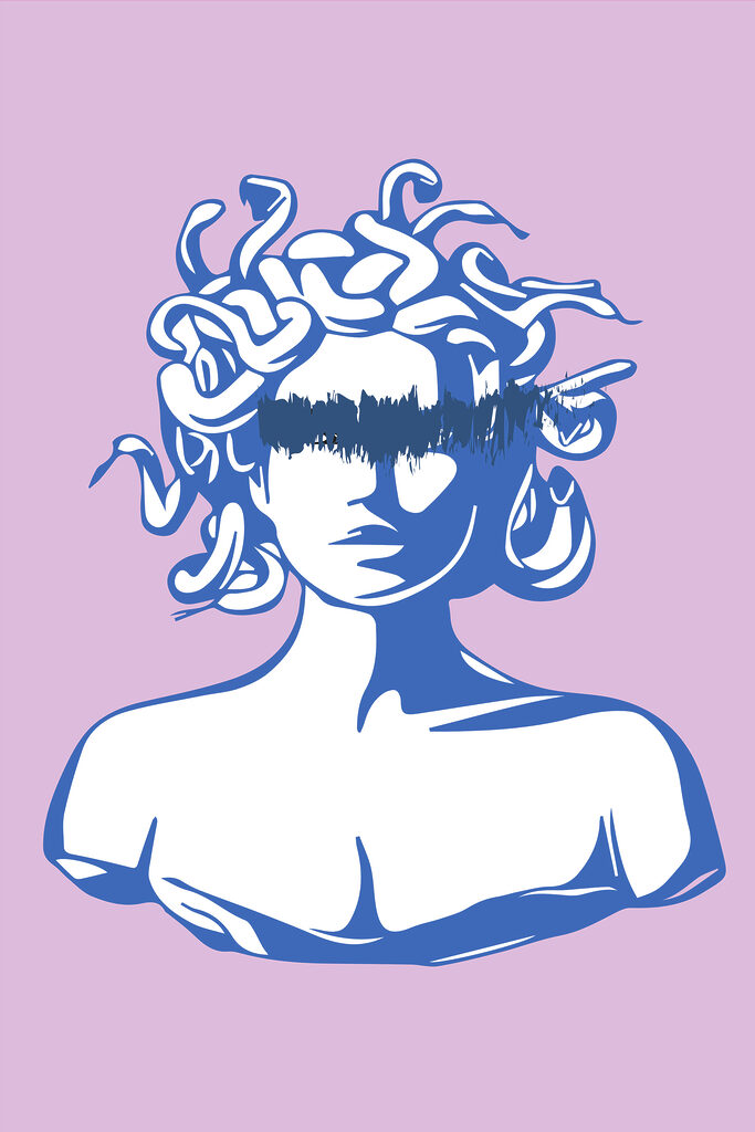 A drawing of a head of a woman with snakes