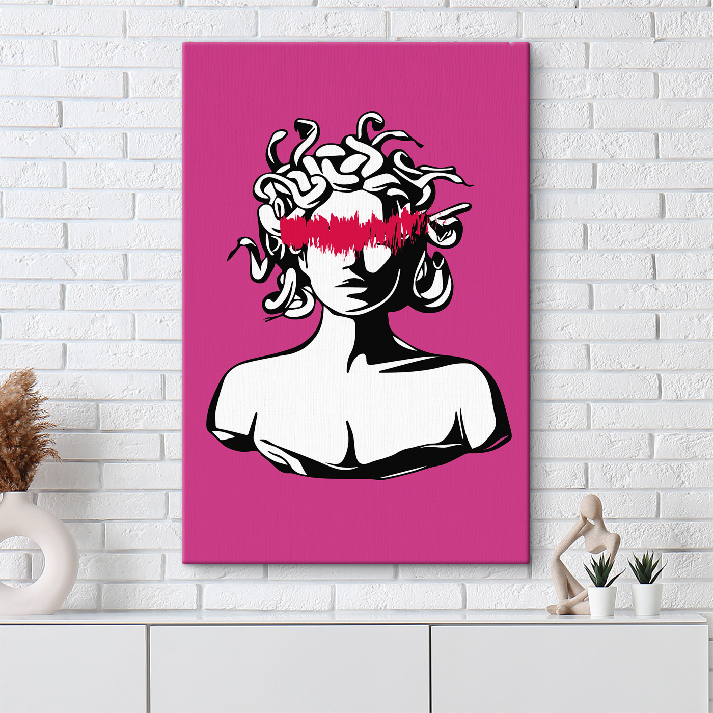 A head of a medusa with red lines