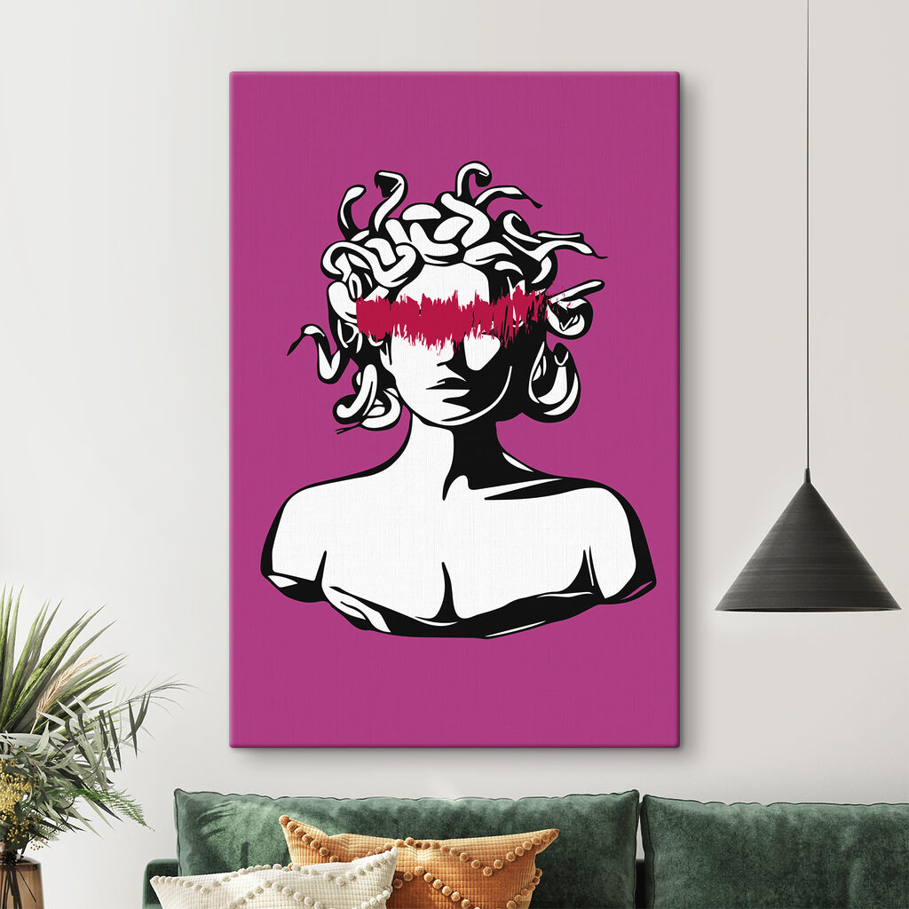 A head of a medusa with red lines