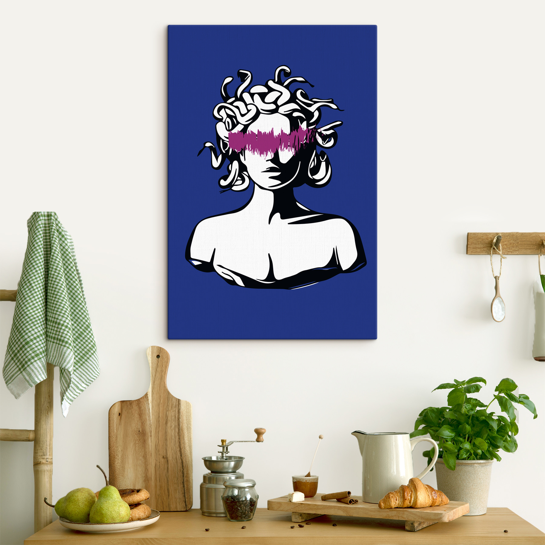A drawing of a head of a woman with purple hair