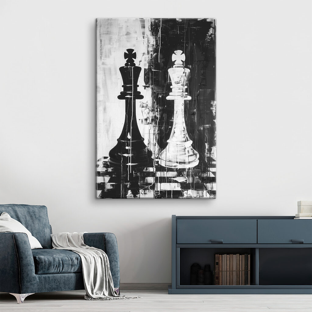A black and white painting of a chess piece