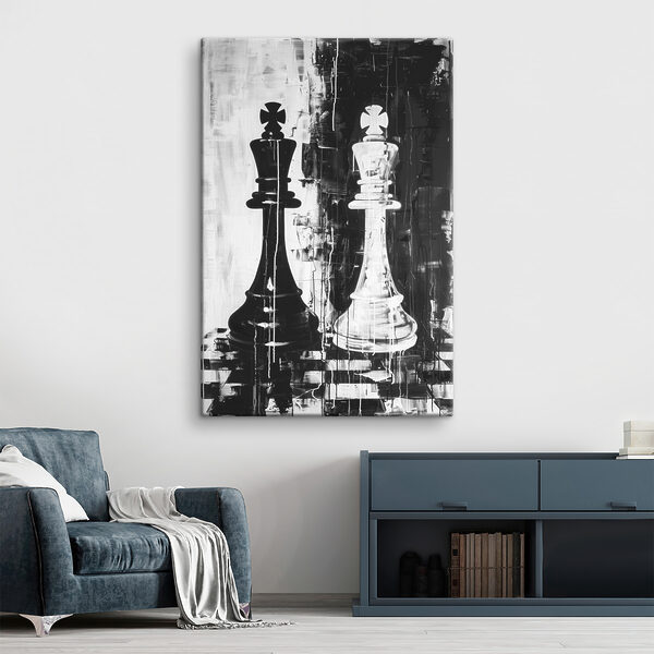 A black and white painting of a chess piece