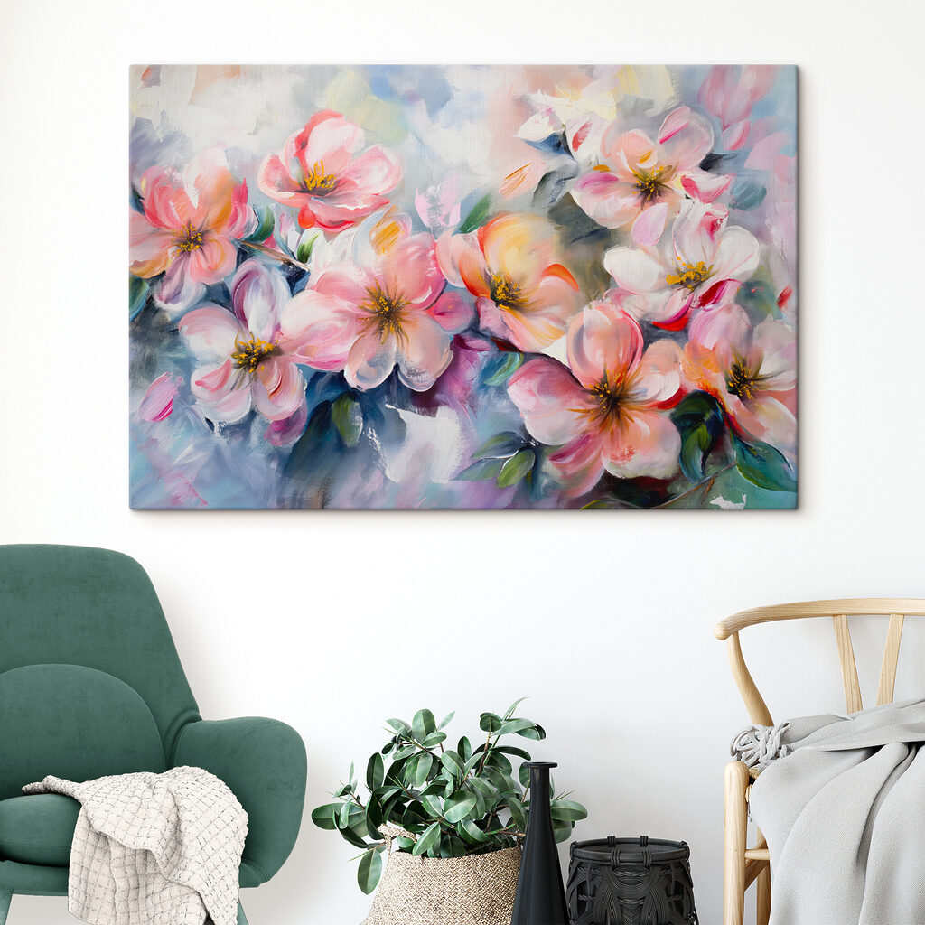 A painting of pink flowers