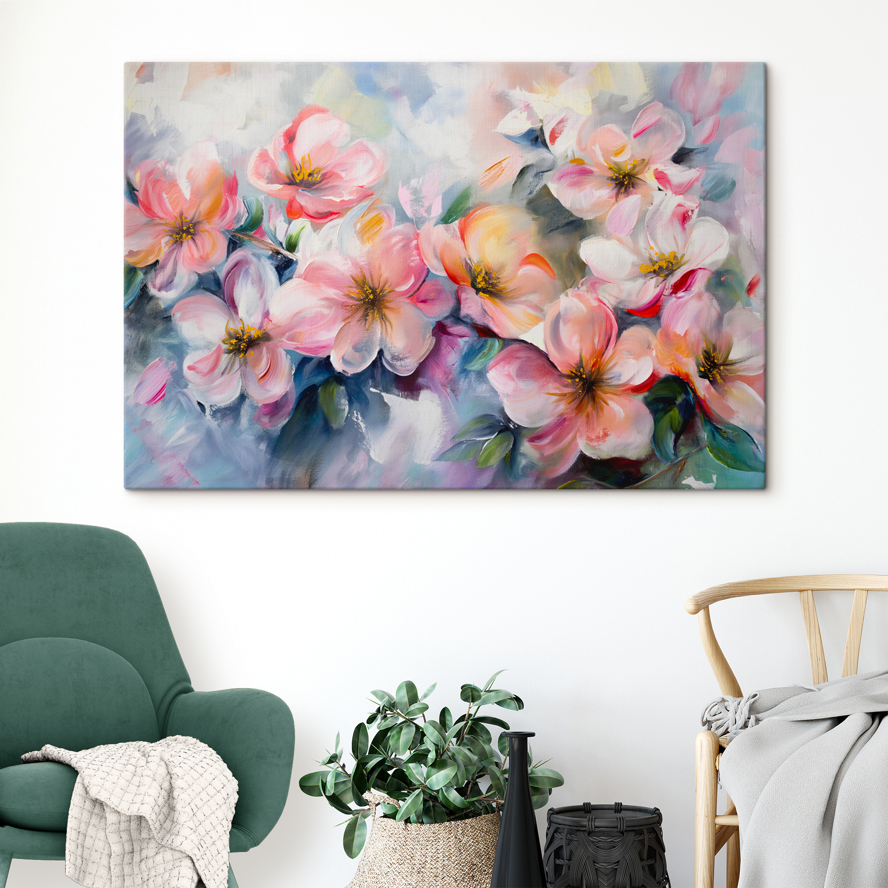 A painting of pink flowers