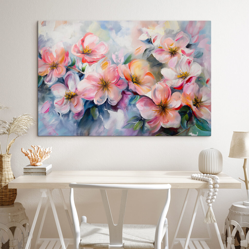 A painting of pink flowers