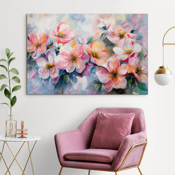 A painting of pink flowers