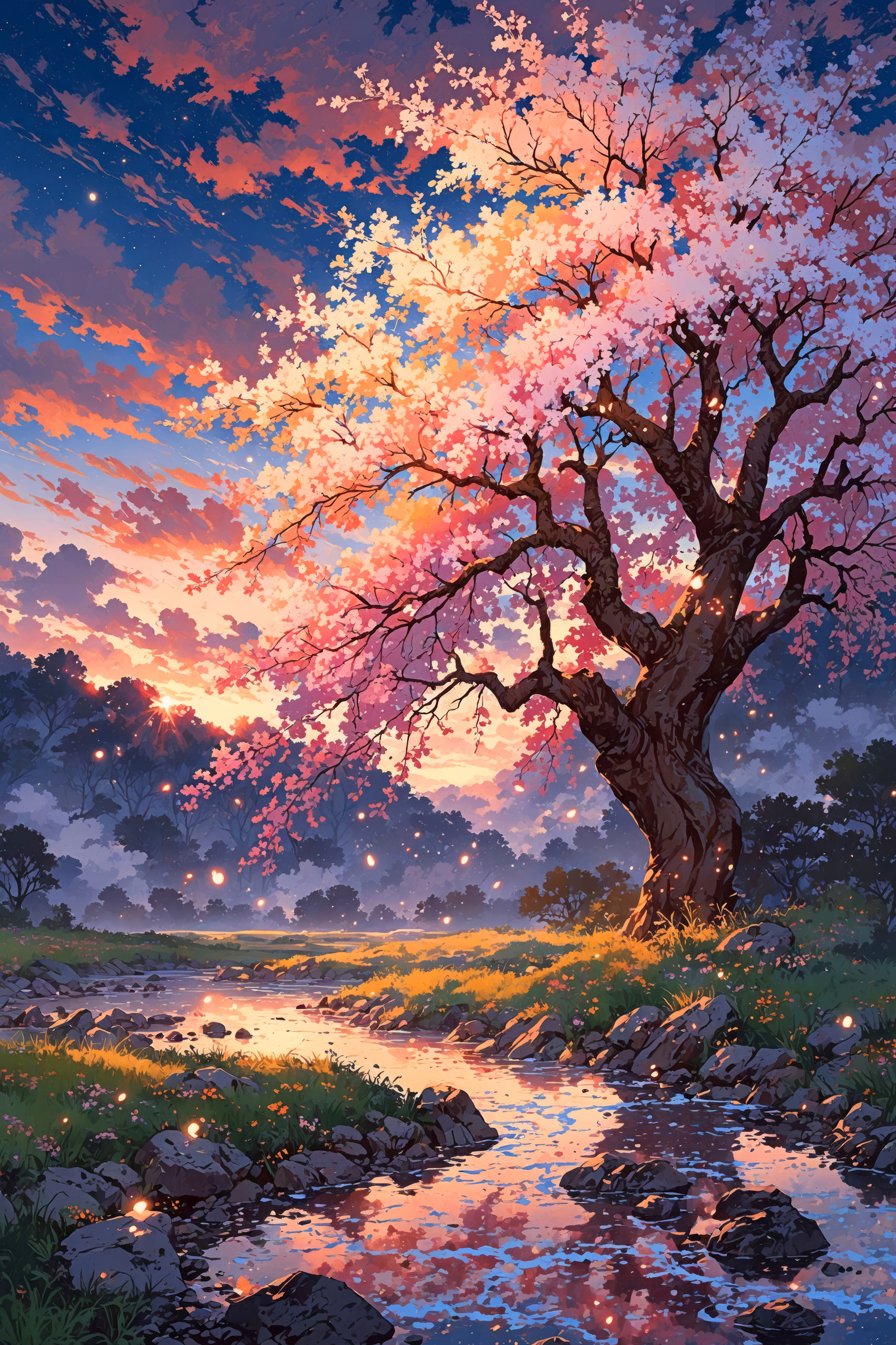 A tree with pink blossoms and a river running through it
