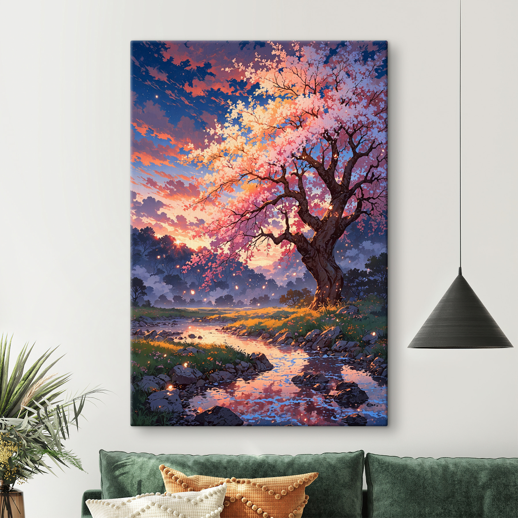 A tree with pink blossoms and a river running through it