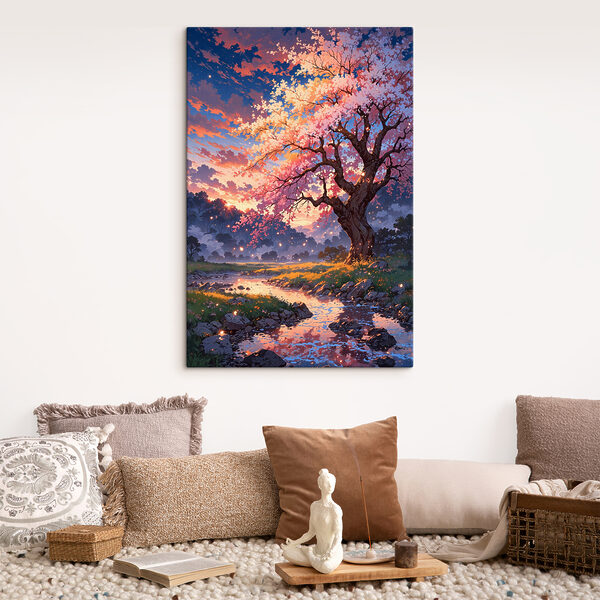 A tree with pink blossoms and a river running through it