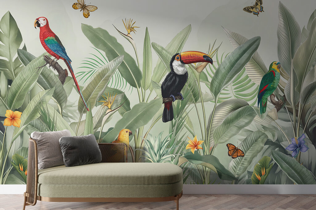 A wallpaper with birds and butterflies