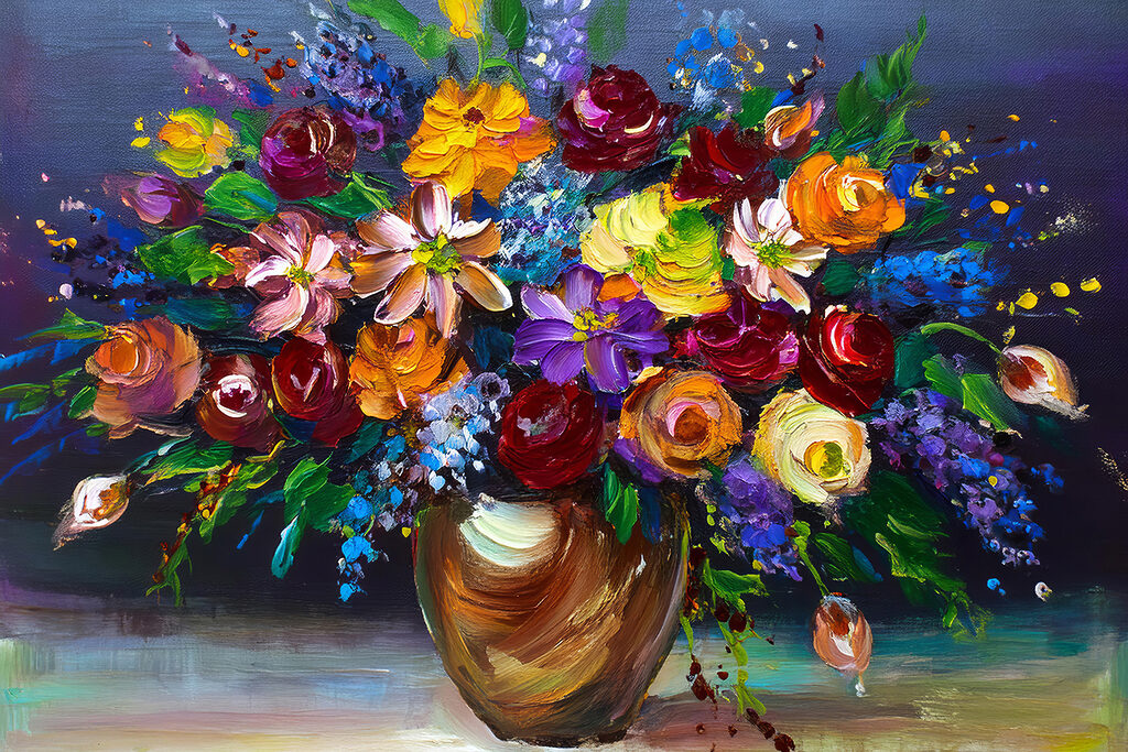A painting of flowers in a vase