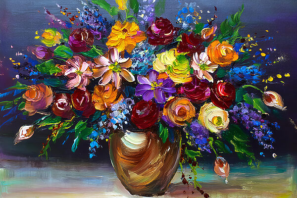 A painting of flowers in a vase