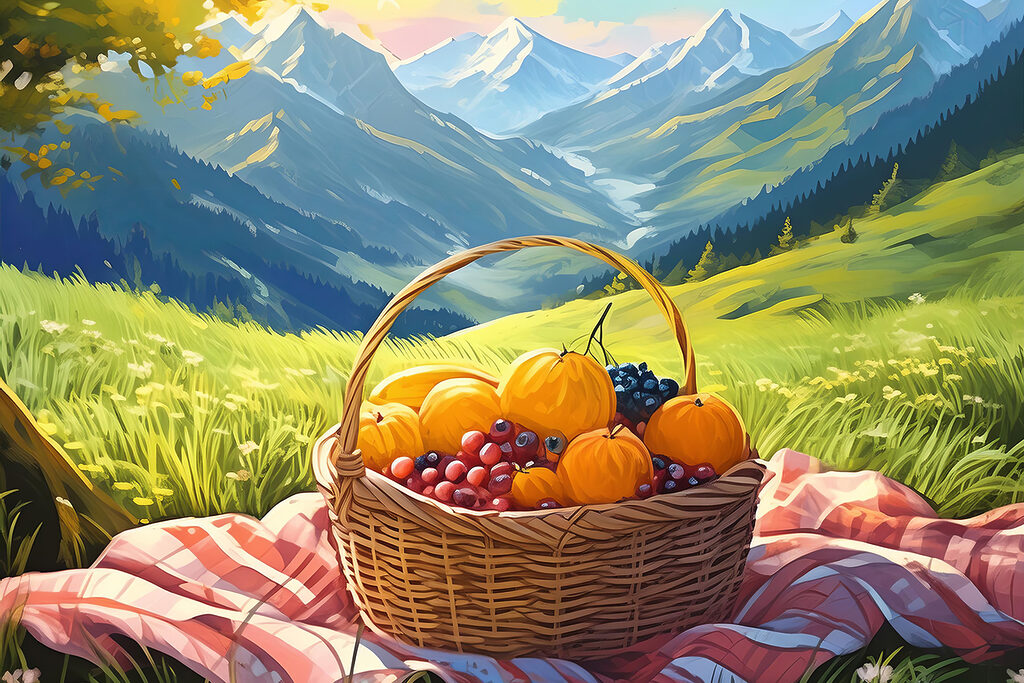 A basket of fruit on a blanket in a grassy field A basket of fruit on a blanket in a grassy field