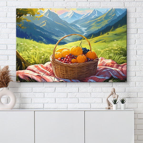 Quadri Quadri Un cesto di frutta su una coperta in un prato (COD: s38654)