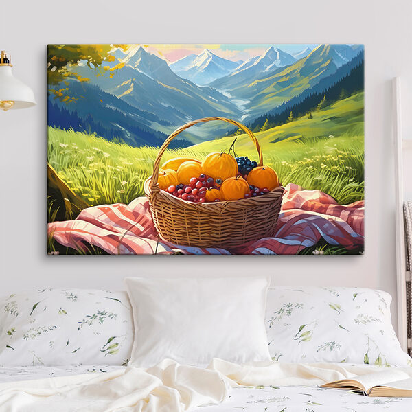 A basket of fruit on a blanket in a grassy field A basket of fruit on a blanket in a grassy field