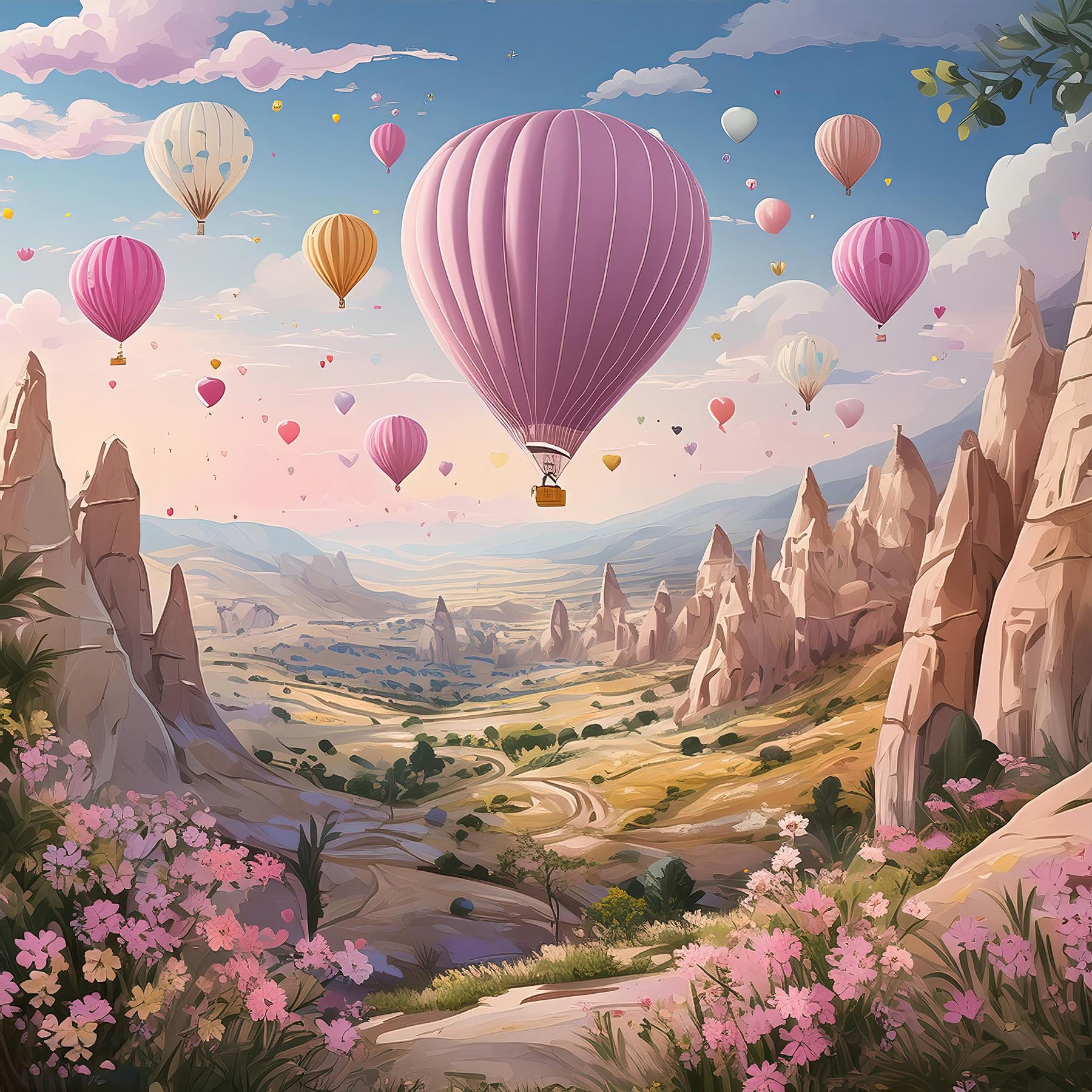 A landscape with mountains and hot air balloons A landscape with mountains and hot air balloons