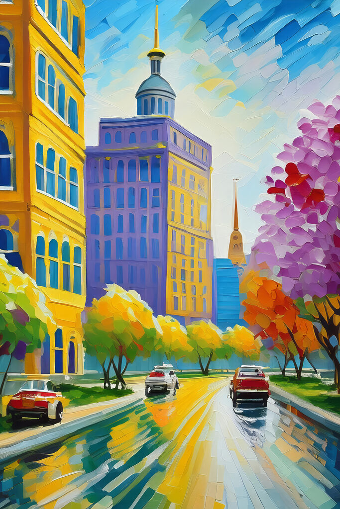 A painting of a city street with cars and trees A painting of a city street with cars and trees