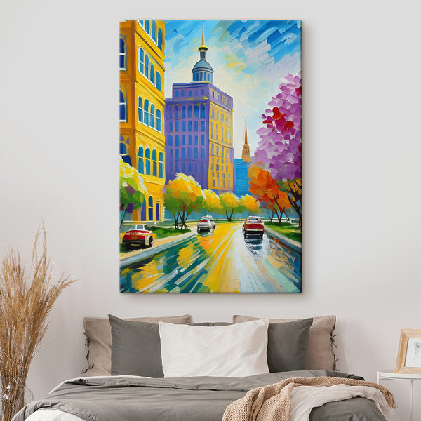 A painting of a city street with cars and trees A painting of a city street with cars and trees