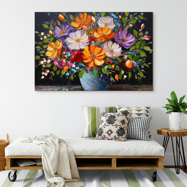 A painting of flowers in a blue vase