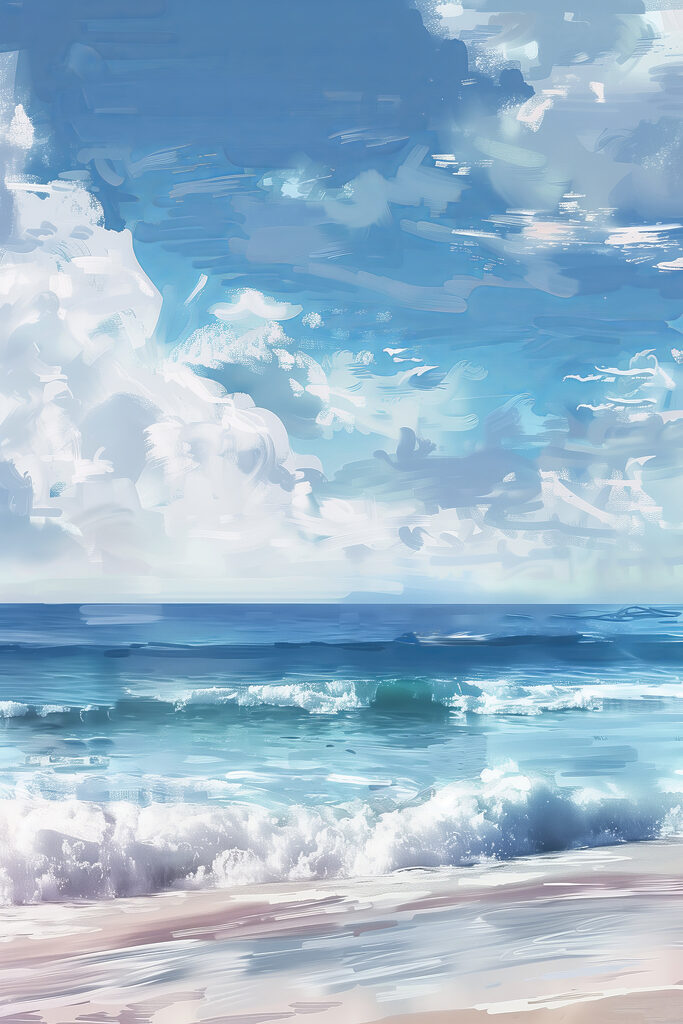 A beach with waves and clouds