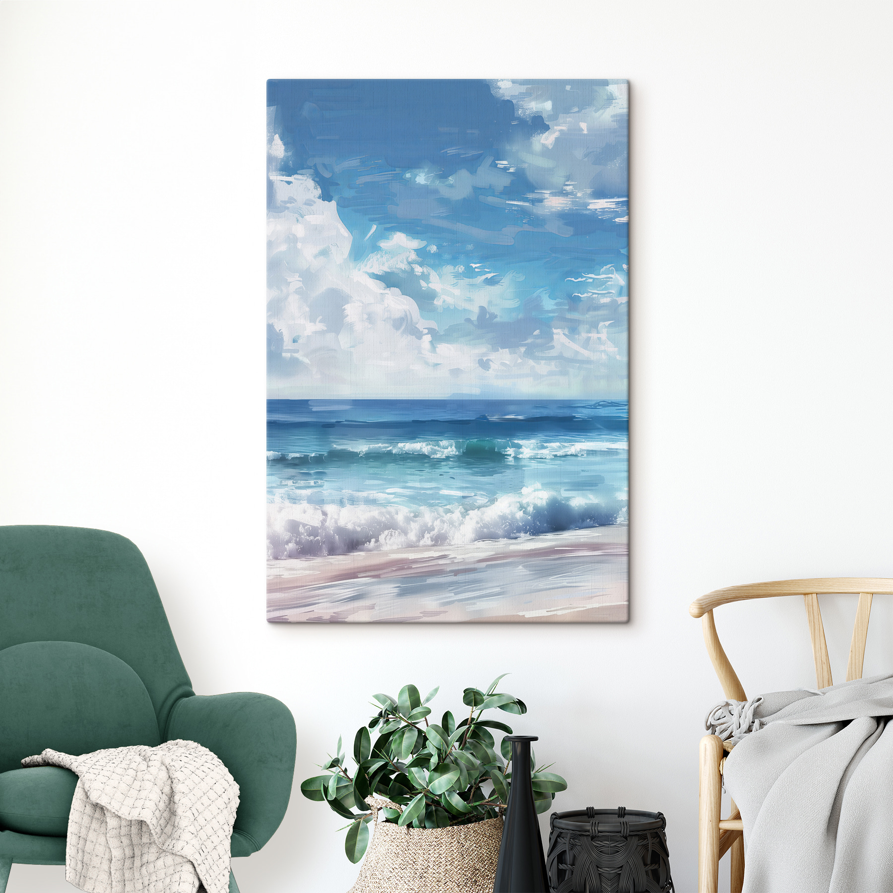A beach with waves and clouds