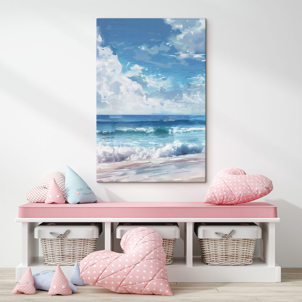 A beach with waves and clouds