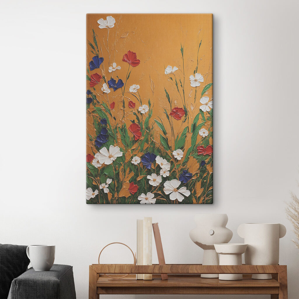 A painting of flowers on a wall