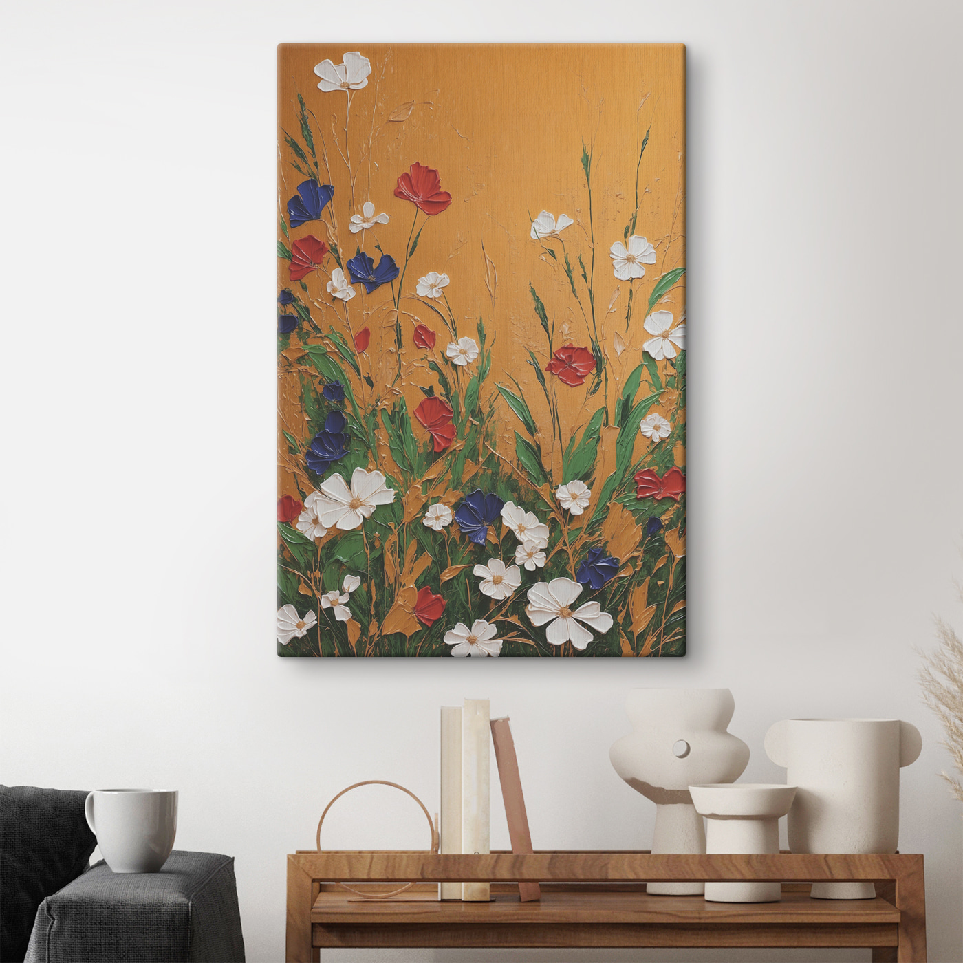 A painting of flowers on a wall