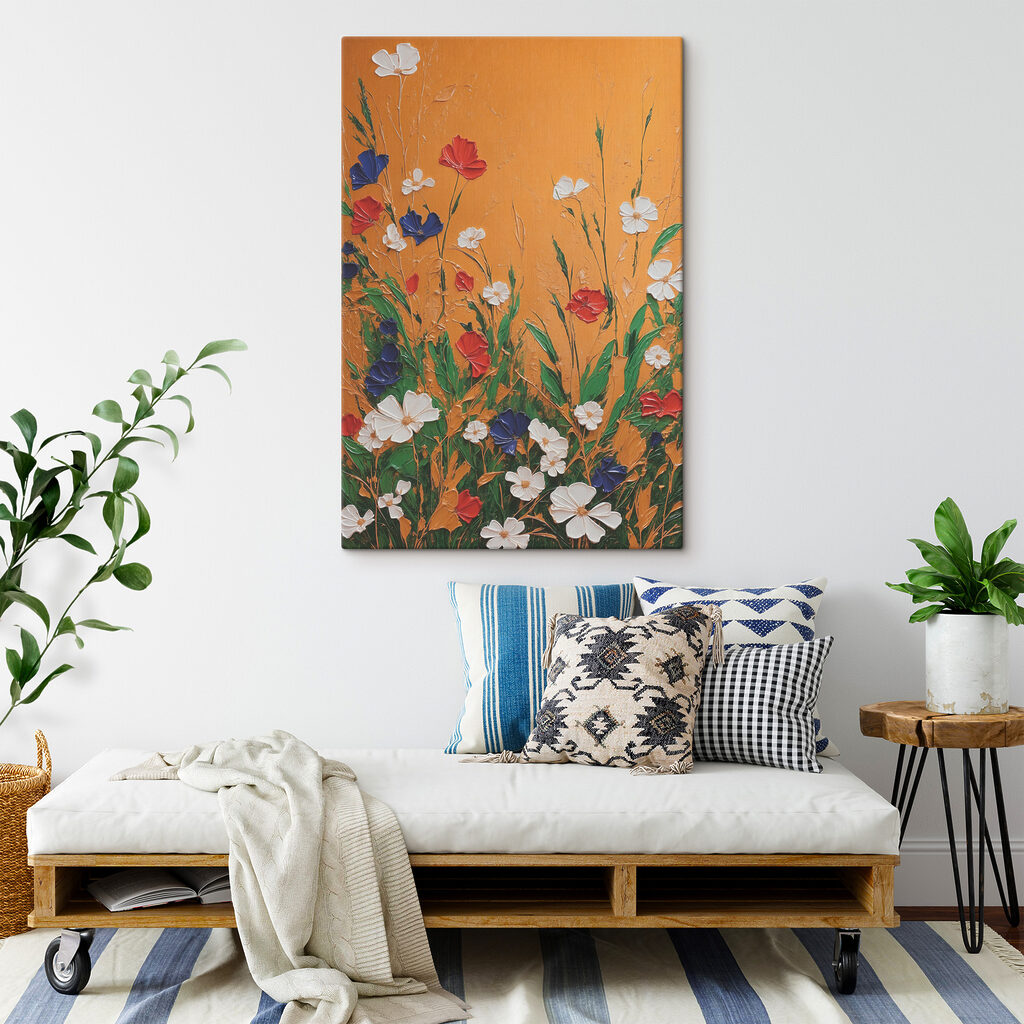 A painting of flowers on a wall