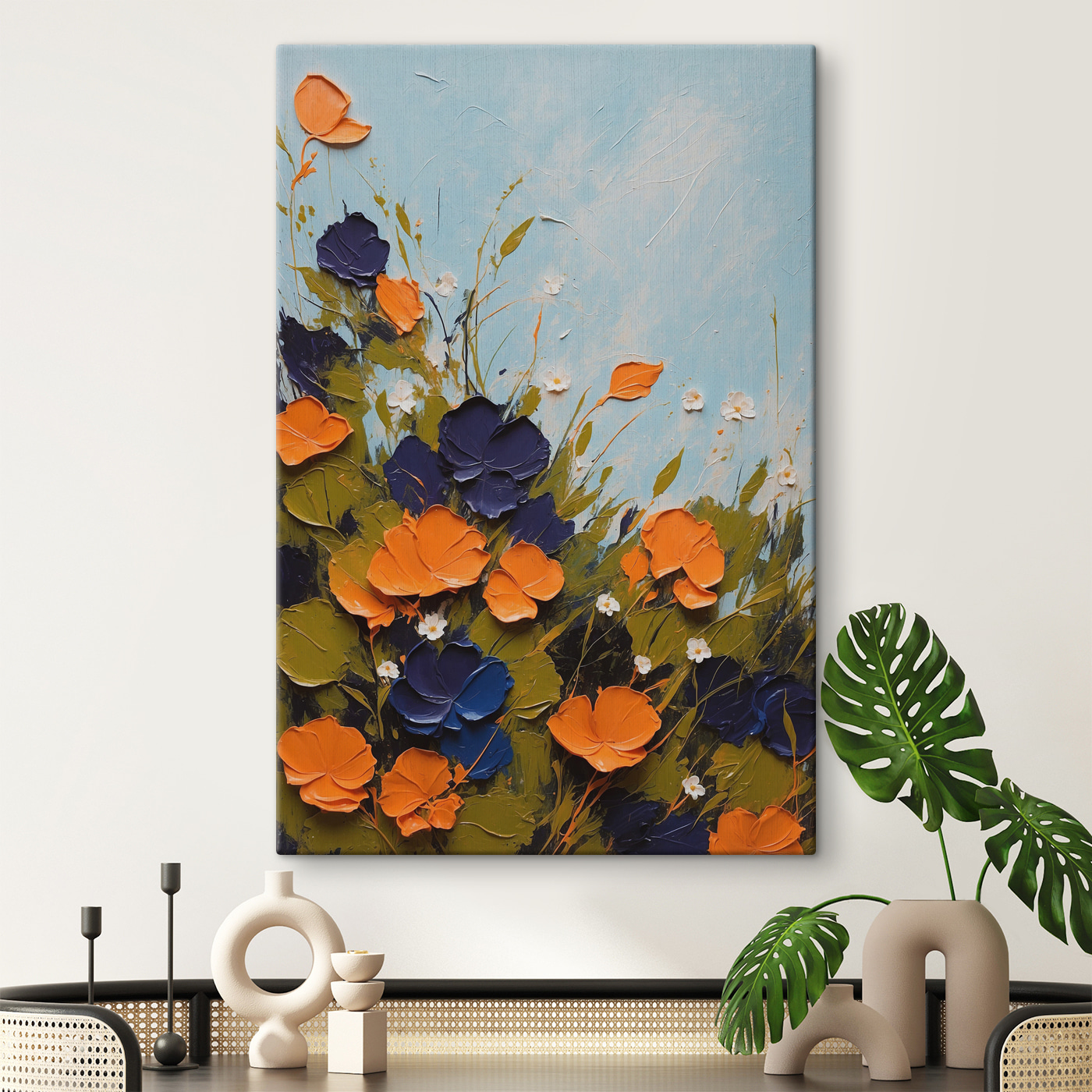 A painting of flowers and leaves