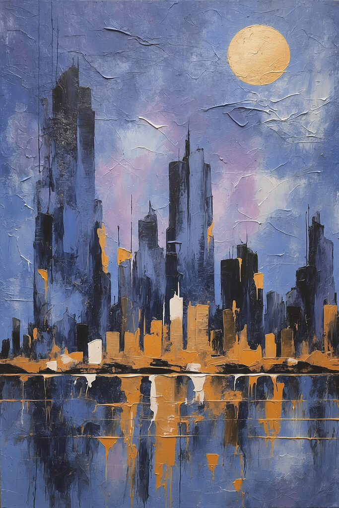 A painting of a city skyline A painting of a city skyline
