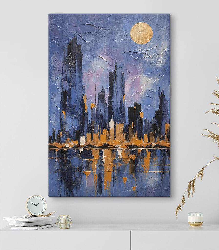 A painting of a city skyline A painting of a city skyline