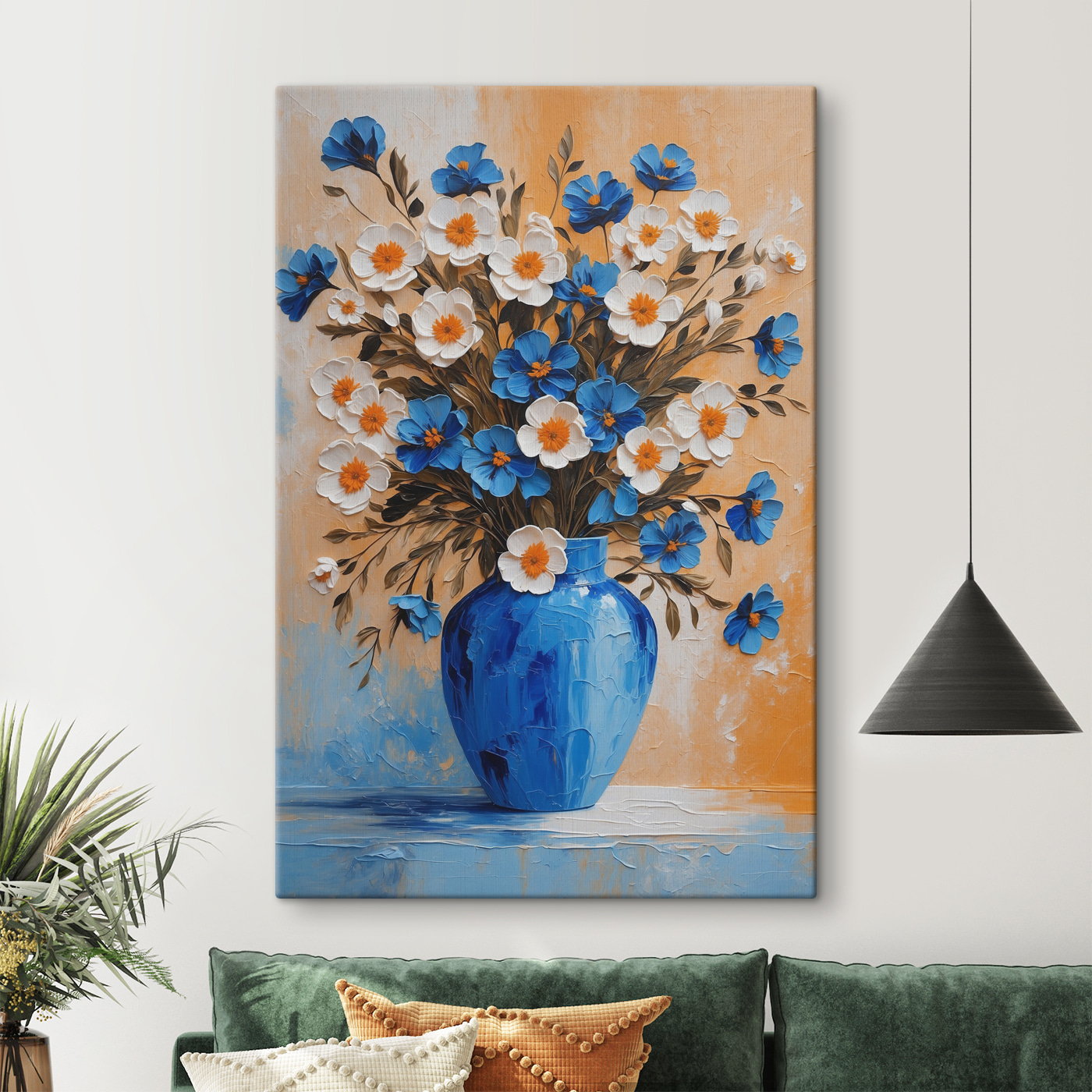 A painting of flowers in a blue vase
